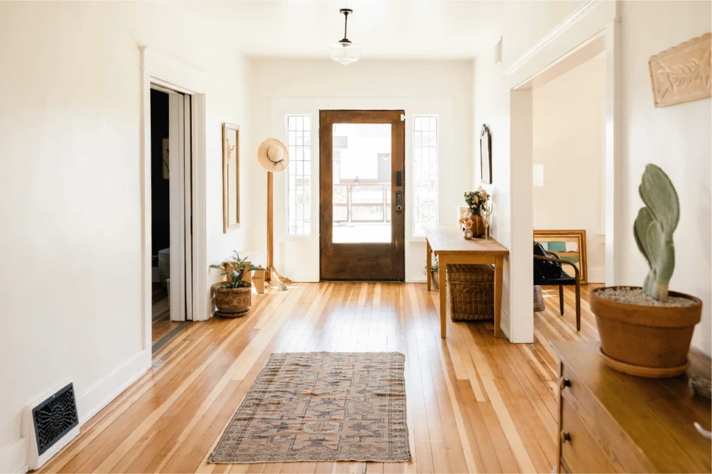 Front door, walkway and rug