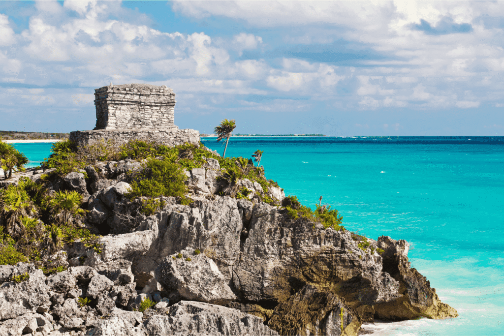 Aztec ruins surrounded by beautiful beach